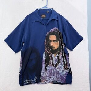 Vintage Bob Marley Shirt  Men XL Blue Big Graphic Hawaiian Loop Collar Button Up